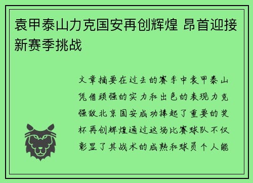 袁甲泰山力克国安再创辉煌 昂首迎接新赛季挑战